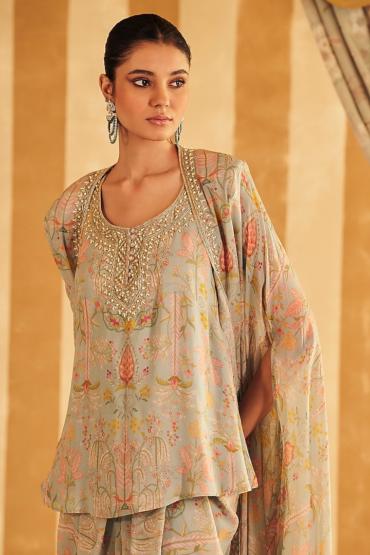 Powder Blue Georgette Printed & Embroidered Kurta Set by Ridhi Mehra at Pernia's Pop Up Shop
