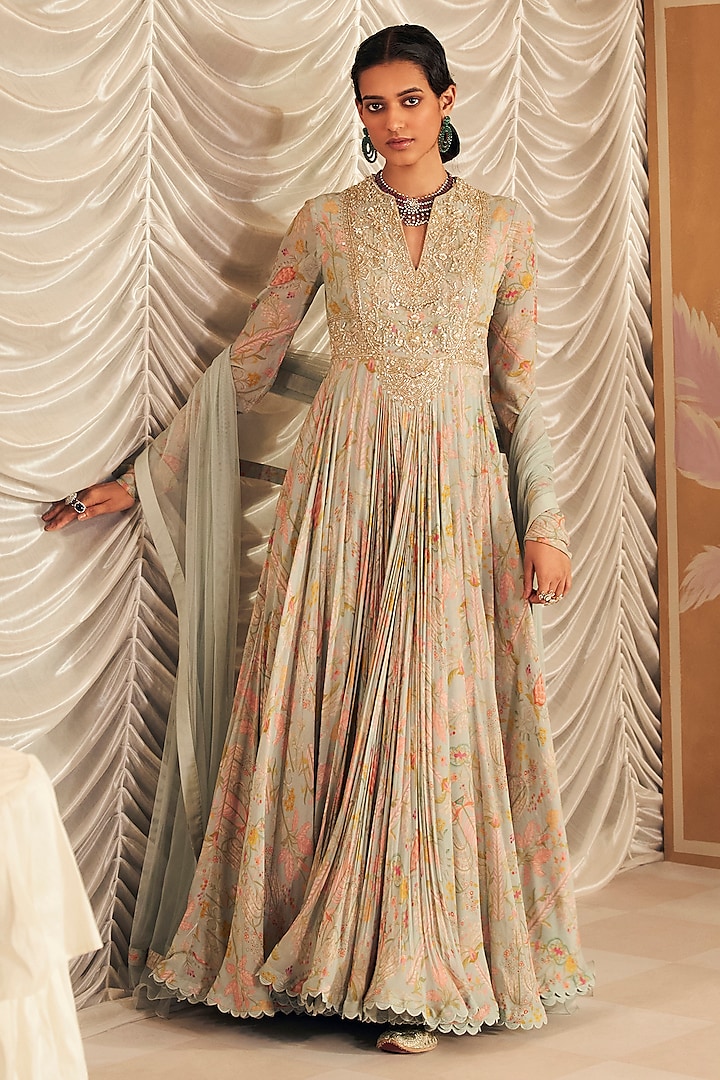 Powder Blue Georgette Printed & Embroidered Anarkali Set by Ridhi Mehra