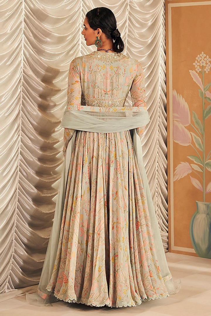 Powder Blue Georgette Printed & Embroidered Bridal Anarkali Set by Ridhi Mehra at Pernia's Pop Up Shop