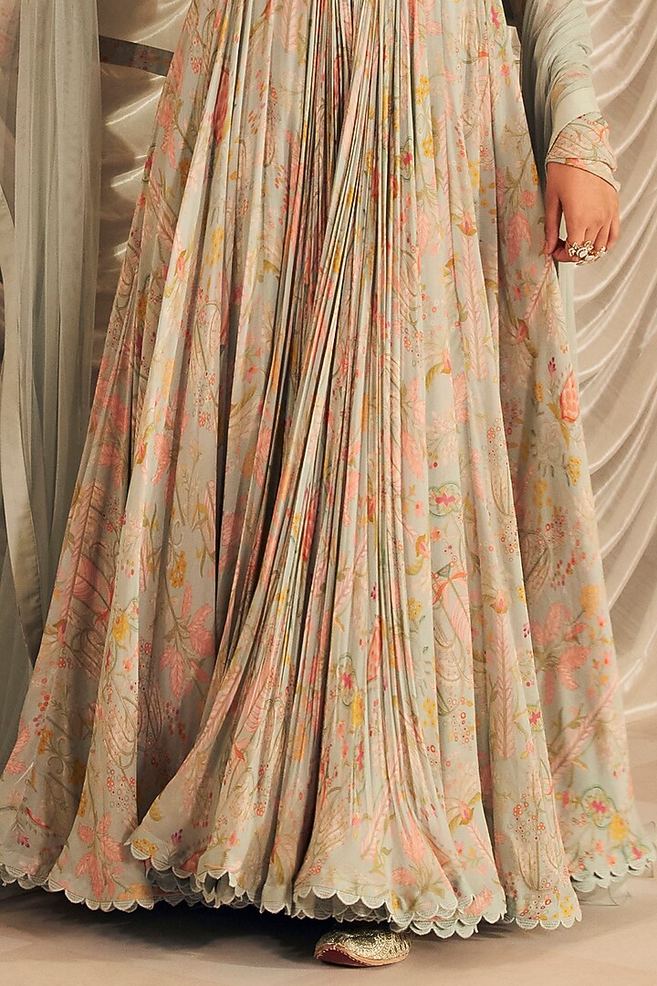 Powder Blue Georgette Printed & Embroidered Bridal Anarkali Set by Ridhi Mehra at Pernia's Pop Up Shop