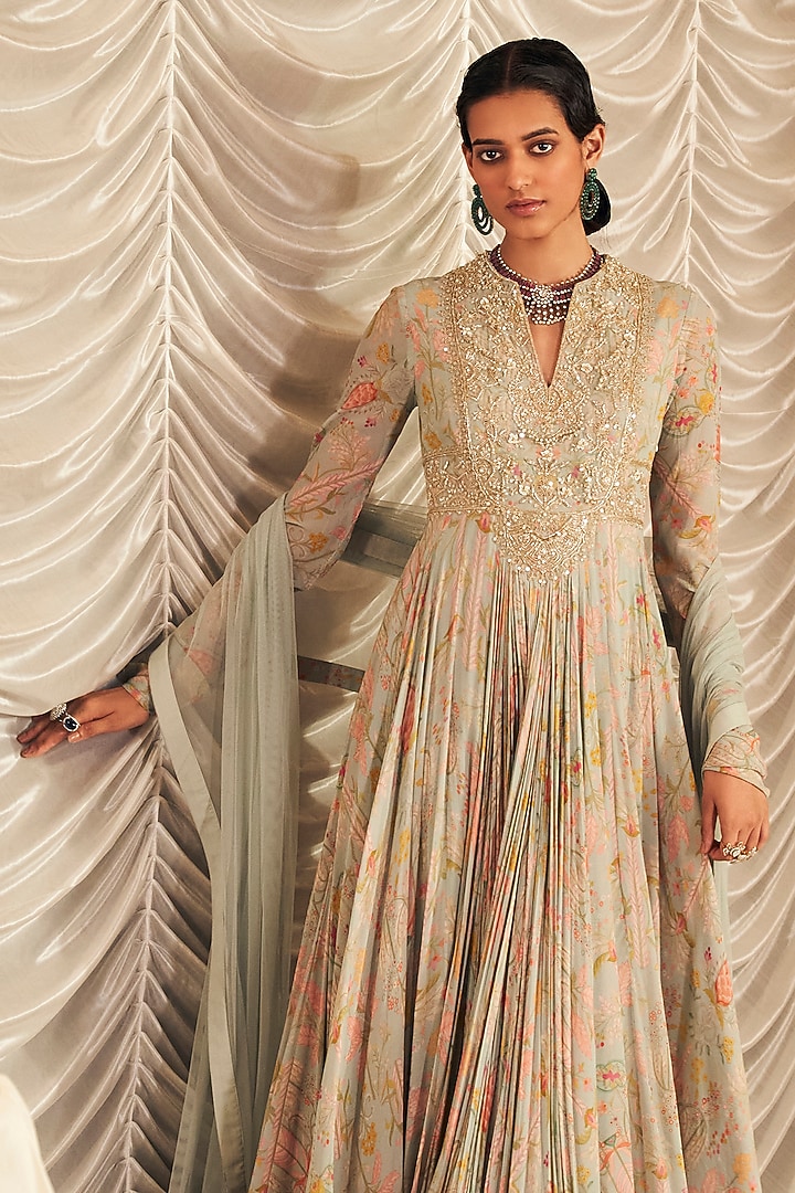 Powder Blue Georgette Printed & Embroidered Bridal Anarkali Set by Ridhi Mehra at Pernia's Pop Up Shop
