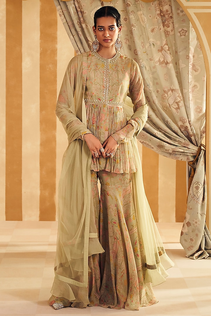 Mint Green Chiffon Gharara Set by Ridhi Mehra