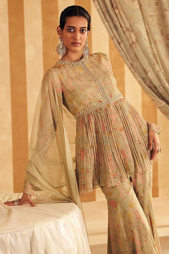 Mint Green Chiffon Gharara Set by Ridhi Mehra at Pernia's Pop Up Shop