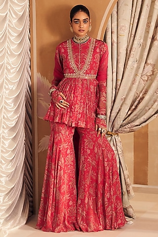 Royal Fuchsia Chiffon Gharara Set by Ridhi Mehra