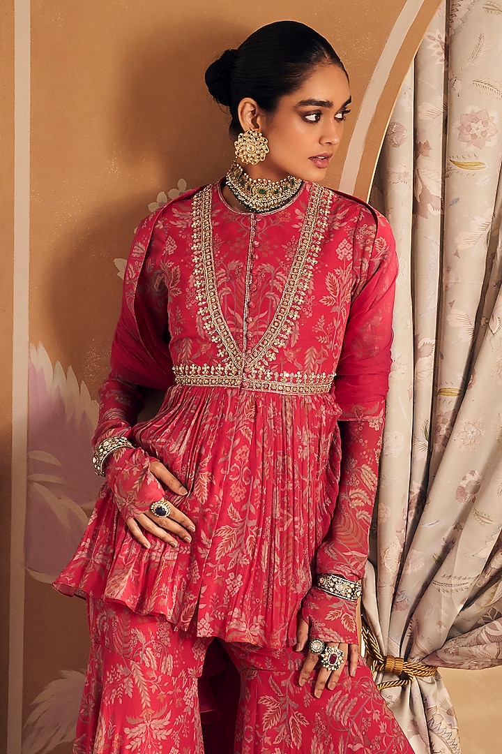 Royal Fuchsia Chiffon Gharara Set by Ridhi Mehra at Pernia's Pop Up Shop