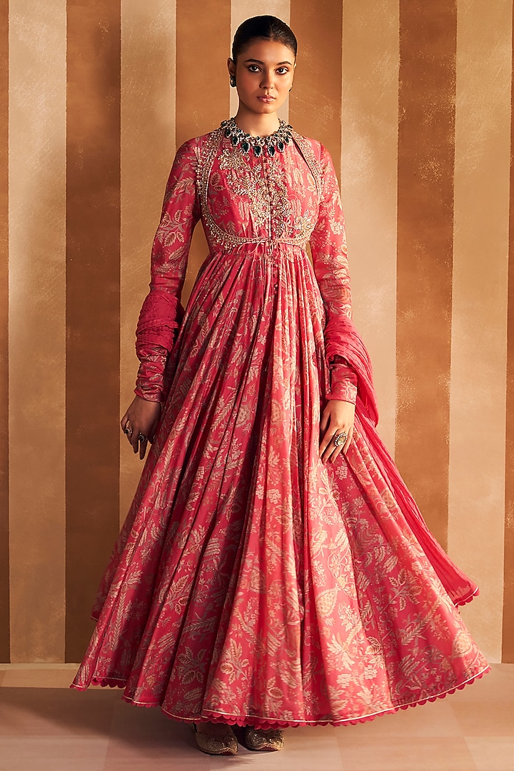 Fuchsia Chanderi Embroidered & Printed Anarkali Set by Ridhi Mehra