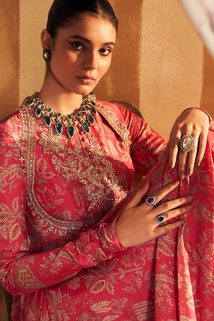 Fuchsia Chanderi Embroidered & Printed Bridal Anarkali Set by Ridhi Mehra at Pernia's Pop Up Shop