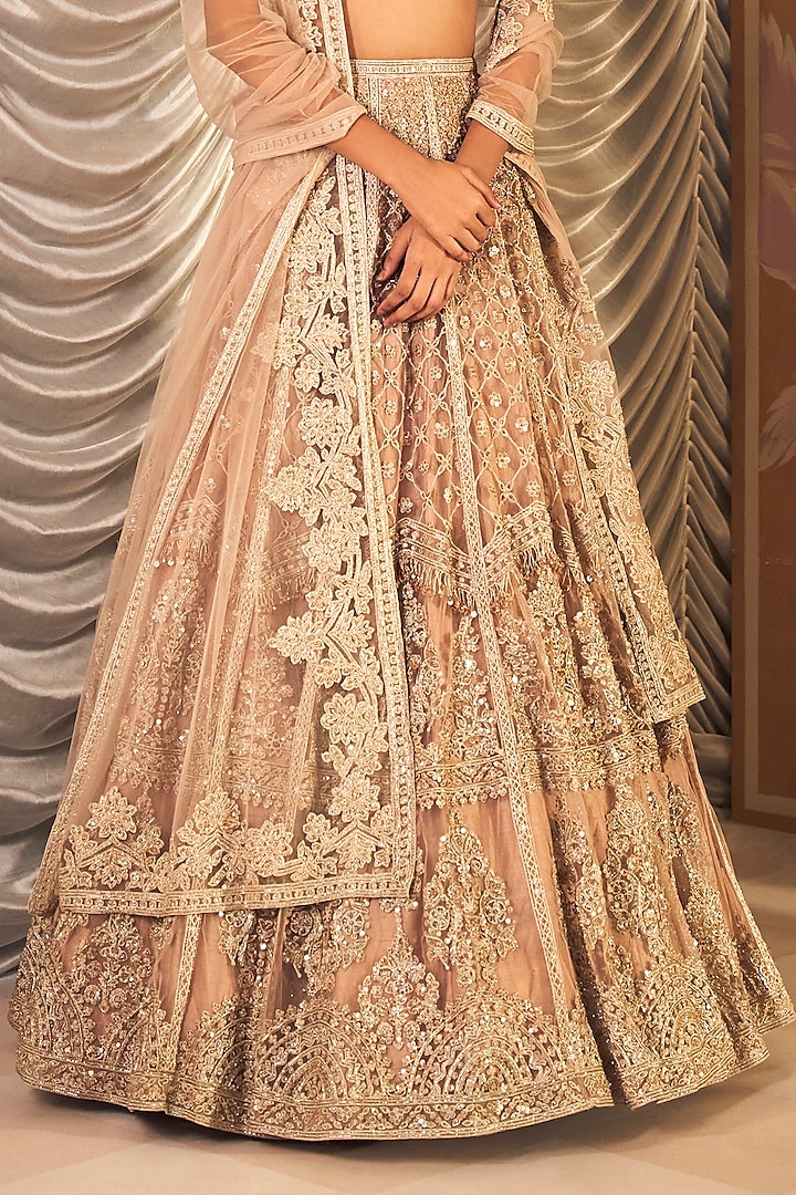 Champagne Net Embroidered Bridal Lehenga Set by Ridhi Mehra at Pernia's Pop Up Shop