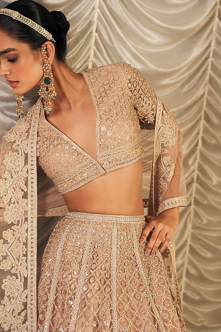 Champagne Net Embroidered Bridal Lehenga Set by Ridhi Mehra at Pernia's Pop Up Shop