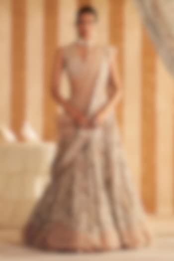 Champagne Net Embroidered Bridal Lehenga Set by Ridhi Mehra at Pernia's Pop Up Shop