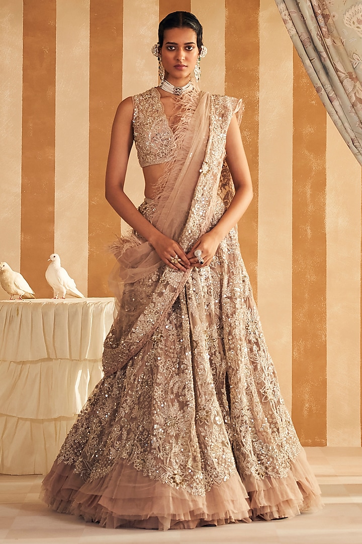Champagne Net Embroidered Bridal Lehenga Set by Ridhi Mehra at Pernia's Pop Up Shop