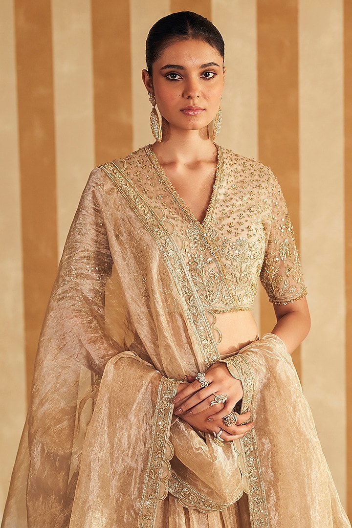 Gold Tissue Embroidered Bridal Lehenga Set by Ridhi Mehra at Pernia's Pop Up Shop