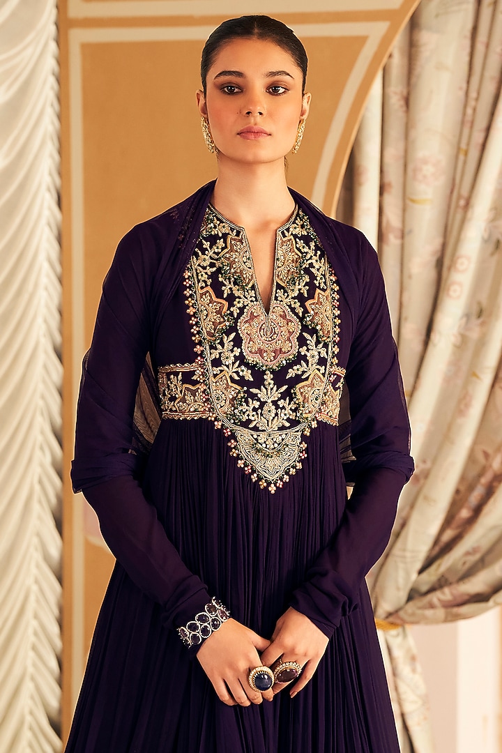 Purple Georgette Embroidered Bridal Anarkali Set by Ridhi Mehra at Pernia's Pop Up Shop