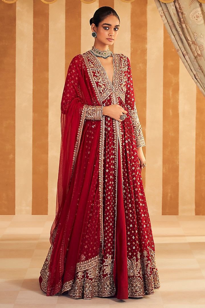 Red Georgette Embroidered Anarkali Set by Ridhi Mehra