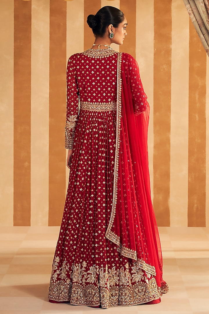 Red Georgette Embroidered Bridal Anarkali Set by Ridhi Mehra at Pernia's Pop Up Shop