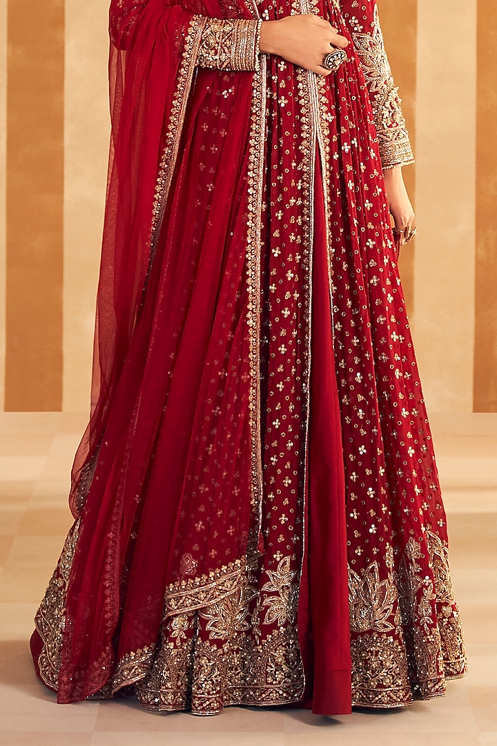 Red Georgette Embroidered Bridal Anarkali Set by Ridhi Mehra at Pernia's Pop Up Shop