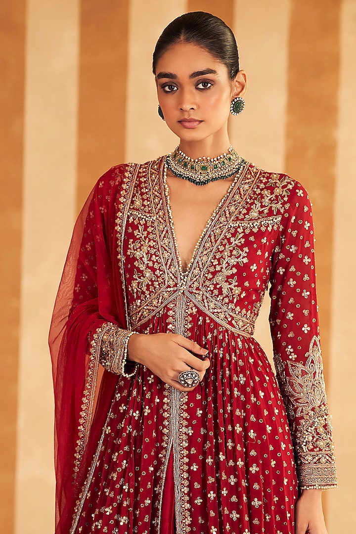 Red Georgette Embroidered Bridal Anarkali Set by Ridhi Mehra at Pernia's Pop Up Shop