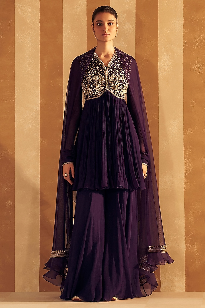 Purple Chiffon Embroidered Short Anarkali Set by Ridhi Mehra at Pernia's Pop Up Shop