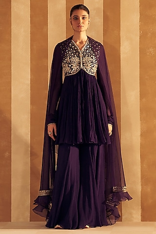 Purple Chiffon Embroidered Short Anarkali Set by Ridhi Mehra