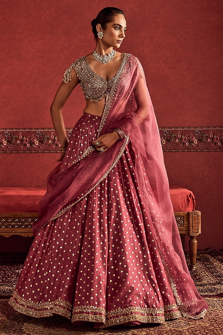 Deep Onion Pink Banarasi Silk Embroidered & Printed Bridal Bridal Lehenga Set by Ridhi Mehra at Pernia's Pop Up Shop