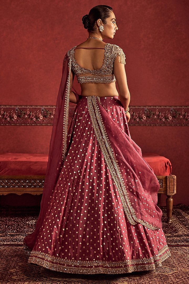 Deep Onion Pink Banarasi Silk Embroidered & Printed Bridal Bridal Lehenga Set by Ridhi Mehra at Pernia's Pop Up Shop