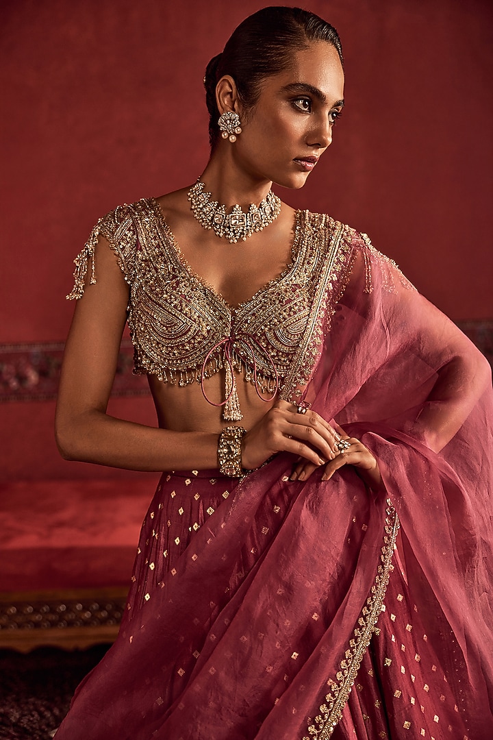 Deep Onion Pink Banarasi Silk Embroidered & Printed Bridal Bridal Lehenga Set by Ridhi Mehra at Pernia's Pop Up Shop