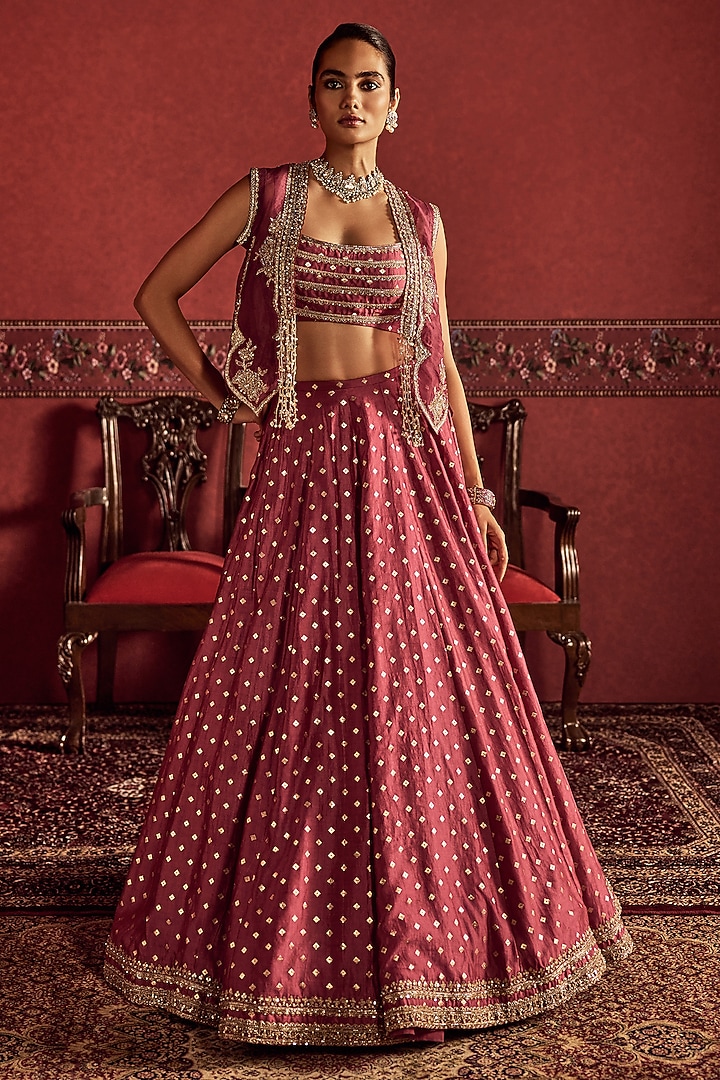 Deep Onion Pink Banarasi Silk Embroidered & Printed Jacket Bridal Lehenga Set by Ridhi Mehra at Pernia's Pop Up Shop