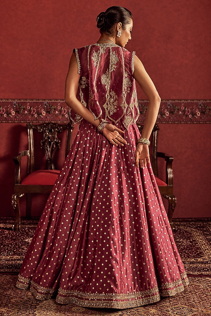 Deep Onion Pink Banarasi Silk Embroidered & Printed Jacket Bridal Lehenga Set by Ridhi Mehra at Pernia's Pop Up Shop