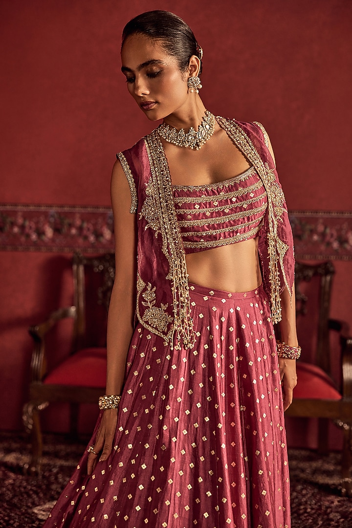 Deep Onion Pink Banarasi Silk Embroidered & Printed Jacket Bridal Lehenga Set by Ridhi Mehra at Pernia's Pop Up Shop