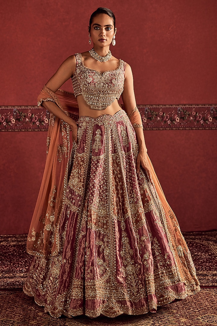 Fuchsia & Gold Tissue Embroidered Bridal Bridal Lehenga Set by Ridhi Mehra at Pernia's Pop Up Shop