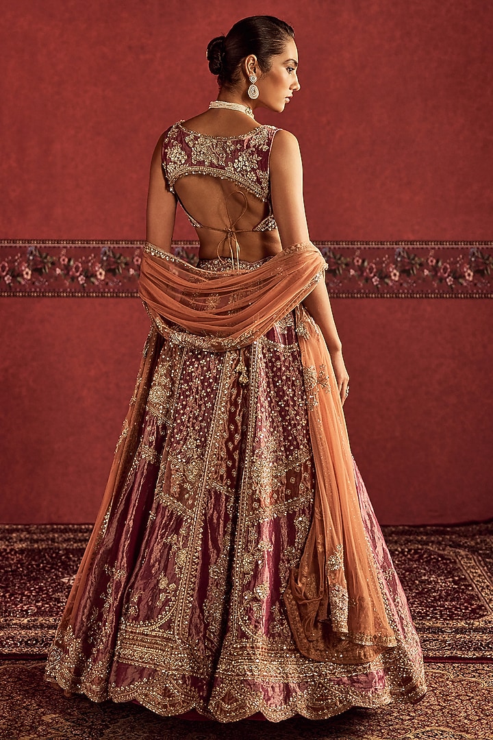 Fuchsia & Gold Tissue Embroidered Bridal Bridal Lehenga Set by Ridhi Mehra at Pernia's Pop Up Shop