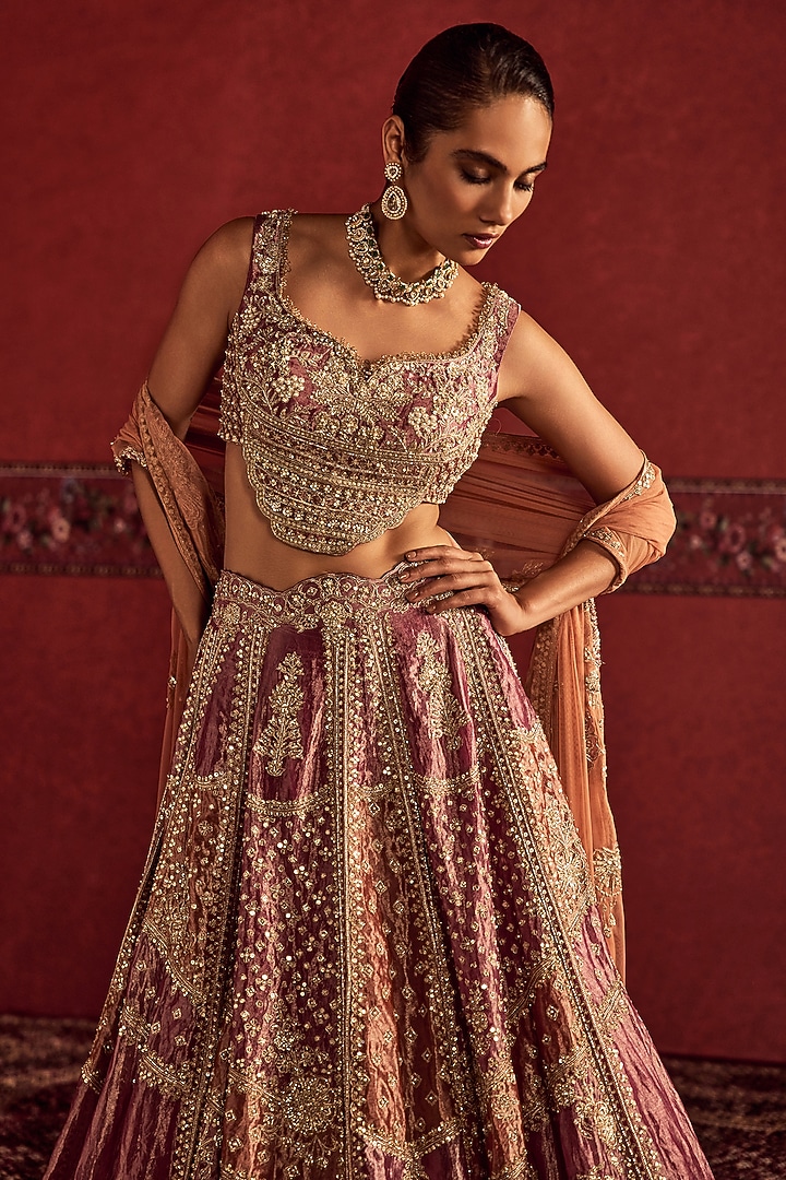 Fuchsia & Gold Tissue Embroidered Bridal Bridal Lehenga Set by Ridhi Mehra at Pernia's Pop Up Shop