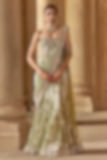 Mint-Gold Tissue Embroidered Stitched Bridal Saree Set by Ridhi Mehra at Pernia's Pop Up Shop