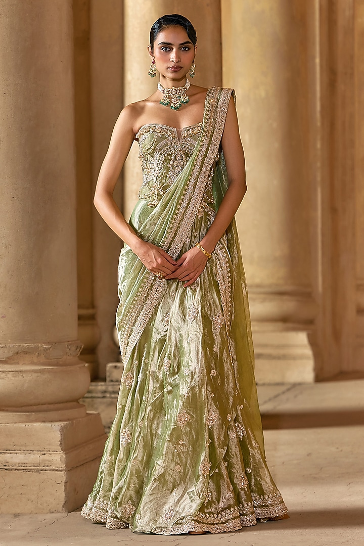Mint-Gold Tissue Embroidered Stitched Bridal Saree Set by Ridhi Mehra at Pernia's Pop Up Shop
