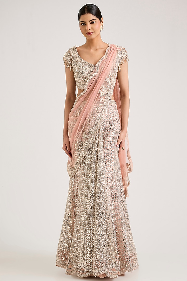 Dusty Pink Net Embroidered Draped Skirt Bridal Saree Set by Ridhi Mehra at Pernia's Pop Up Shop