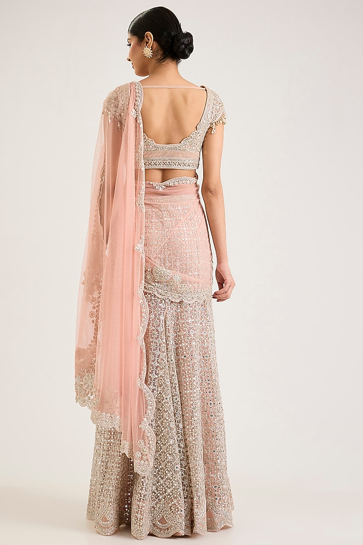 Dusty Pink Net Embroidered Draped Skirt Bridal Saree Set by Ridhi Mehra at Pernia's Pop Up Shop
