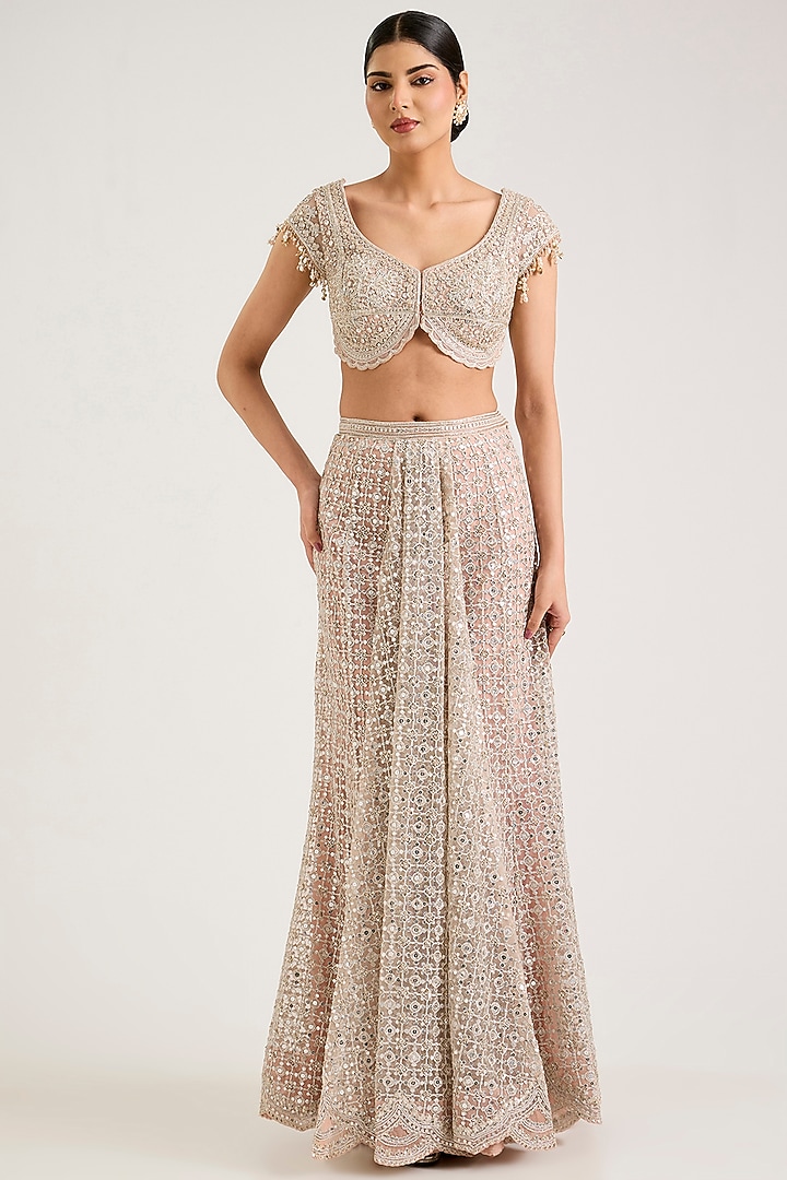 Dusty Pink Net Embroidered Draped Skirt Bridal Saree Set by Ridhi Mehra at Pernia's Pop Up Shop
