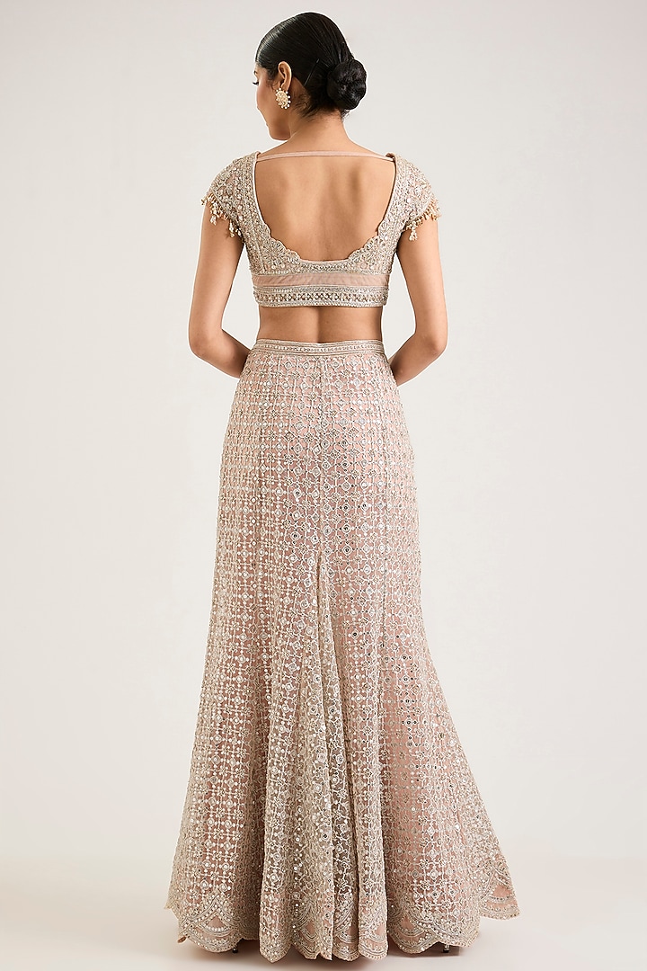 Dusty Pink Net Embroidered Draped Skirt Bridal Saree Set by Ridhi Mehra at Pernia's Pop Up Shop