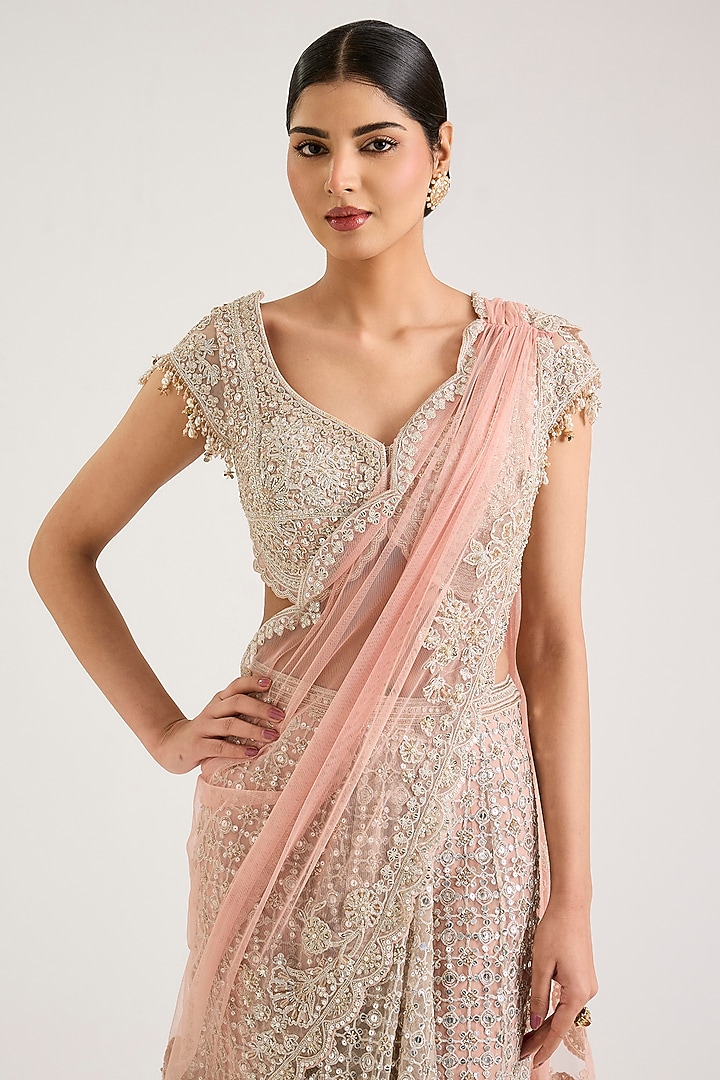 Dusty Pink Net Embroidered Draped Skirt Bridal Saree Set by Ridhi Mehra at Pernia's Pop Up Shop
