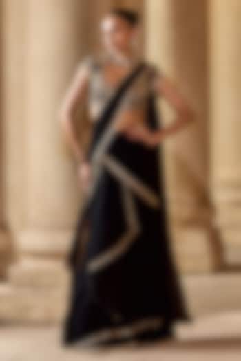 Black Chiffon Embroidered Stitched Reception Saree Set by Ridhi Mehra at Pernia's Pop Up Shop