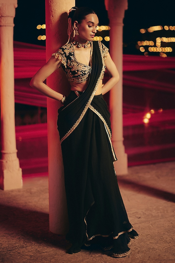 Black Chiffon Embroidered Stitched Reception Saree Set by Ridhi Mehra at Pernia's Pop Up Shop