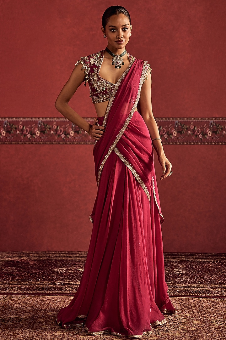 Fuchsia Chiffon Embroidered Pre-Stitched Reception Saree Set by Ridhi Mehra at Pernia's Pop Up Shop