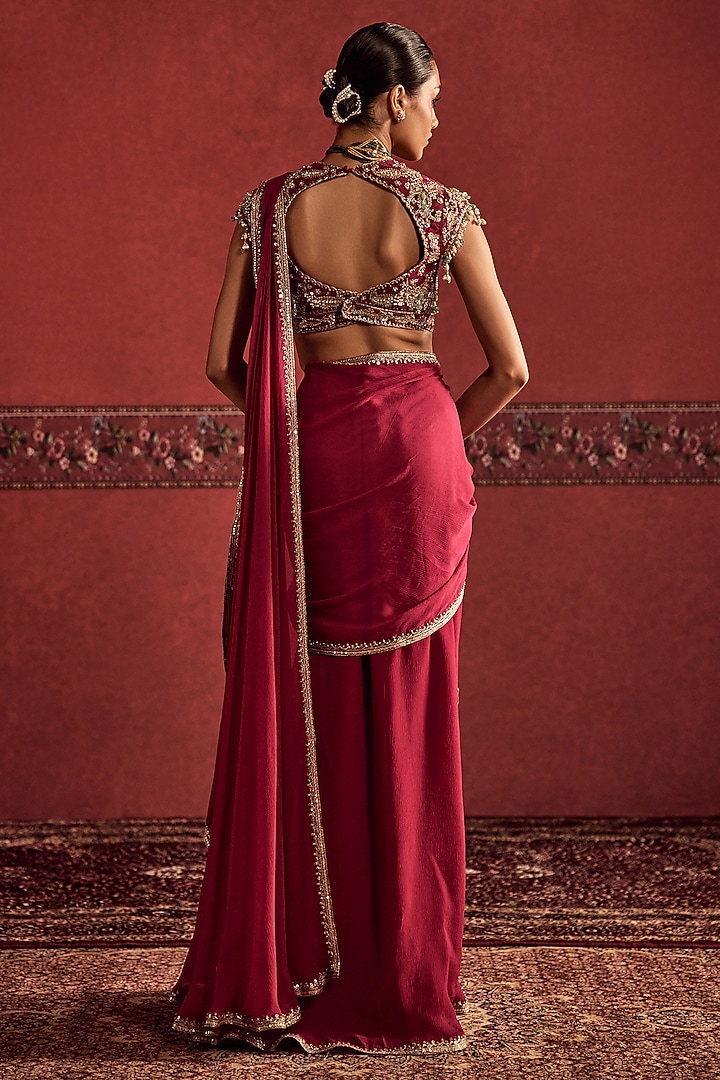 Fuchsia Chiffon Embroidered Pre-Stitched Reception Saree Set by Ridhi Mehra at Pernia's Pop Up Shop