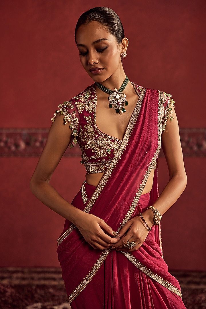 Fuchsia Chiffon Embroidered Pre-Stitched Reception Saree Set by Ridhi Mehra at Pernia's Pop Up Shop