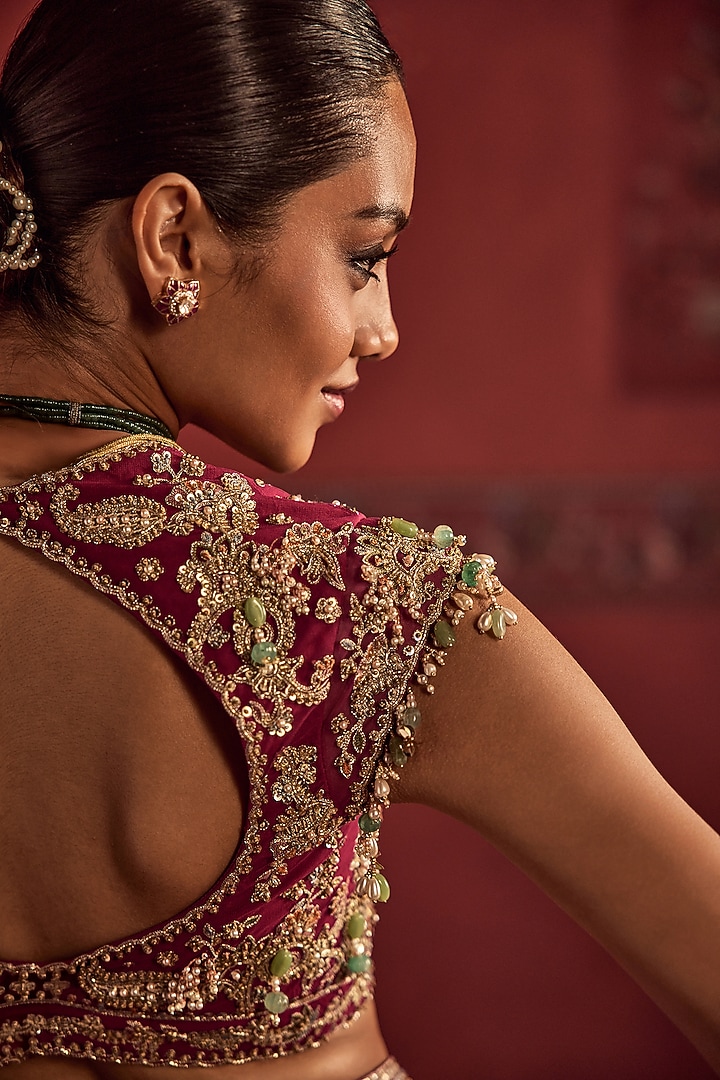 Fuchsia Chiffon Embroidered Pre-Stitched Reception Saree Set by Ridhi Mehra at Pernia's Pop Up Shop