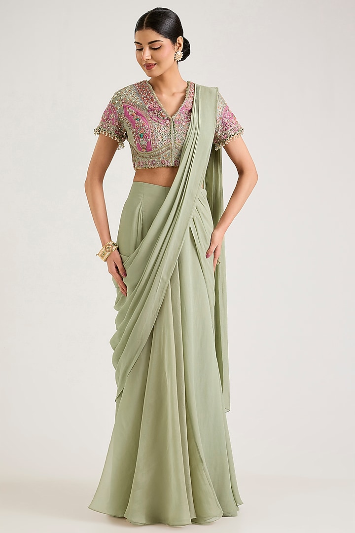 Sage Green Chiffon Pre-Stitched Reception Saree Set by Ridhi Mehra at Pernia's Pop Up Shop