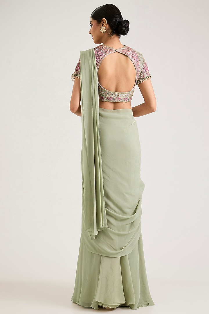Sage Green Chiffon Pre-Stitched Reception Saree Set by Ridhi Mehra at Pernia's Pop Up Shop