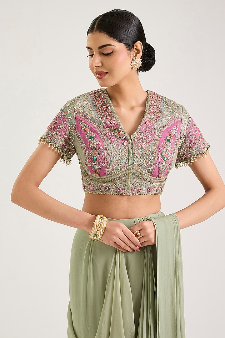 Sage Green Chiffon Pre-Stitched Reception Saree Set by Ridhi Mehra at Pernia's Pop Up Shop