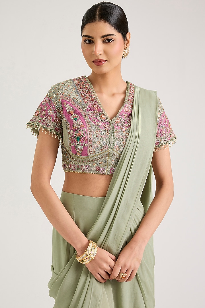 Sage Green Chiffon Pre-Stitched Reception Saree Set by Ridhi Mehra at Pernia's Pop Up Shop