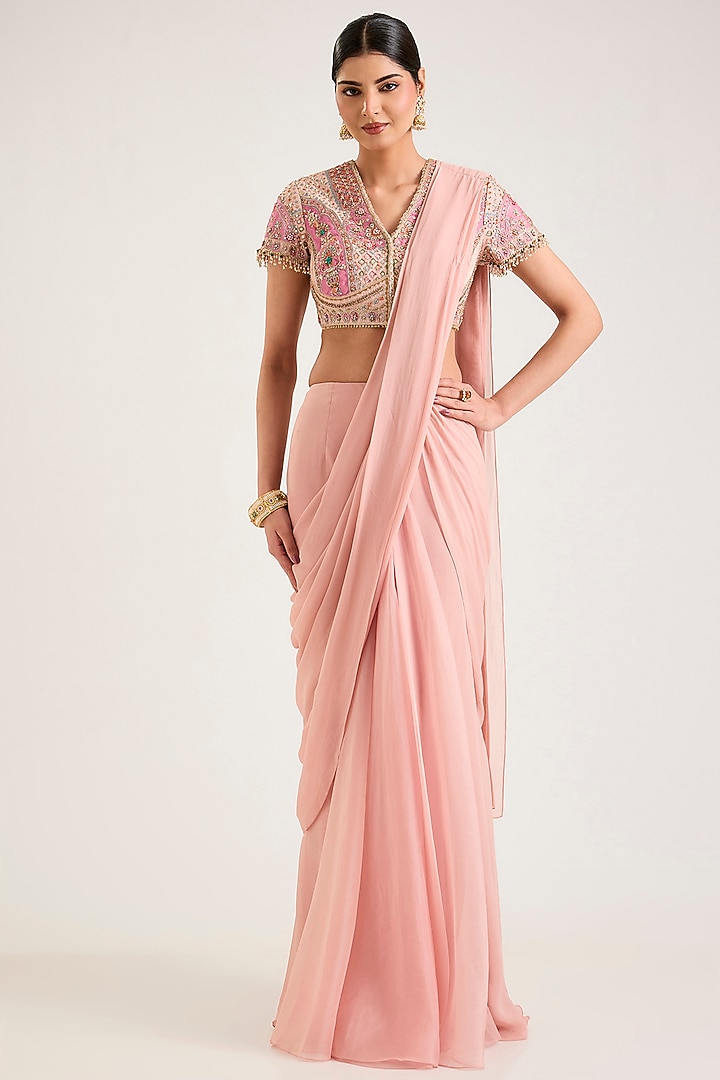 Dusty Pink Chiffon Pre-Stitched Reception Saree Set by Ridhi Mehra at Pernia's Pop Up Shop